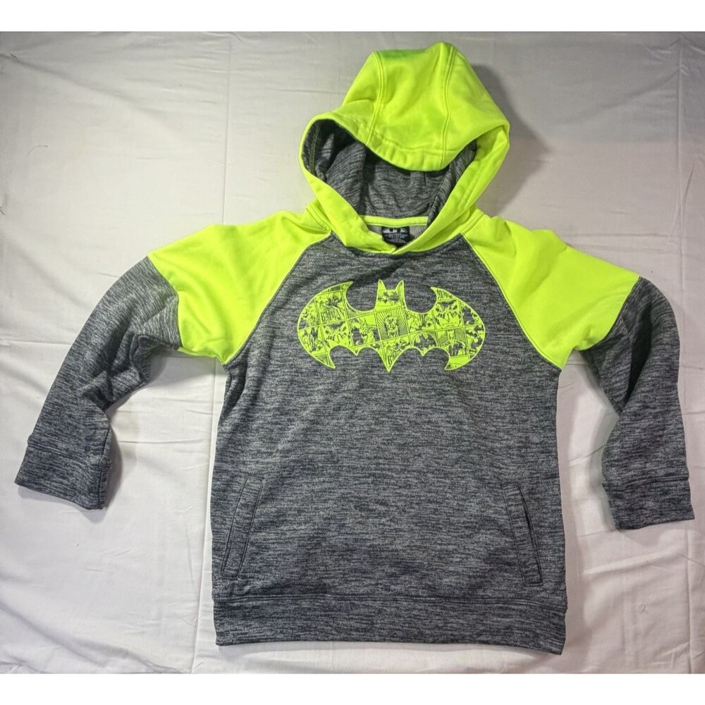 Batman Kids Large Neon Yellow Gray Pullover Hoodie Boys Graphic Sweatshirt